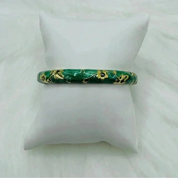 Green Flower Enamel Cloisonne Bracelet Bangle - Picture 3 of 8